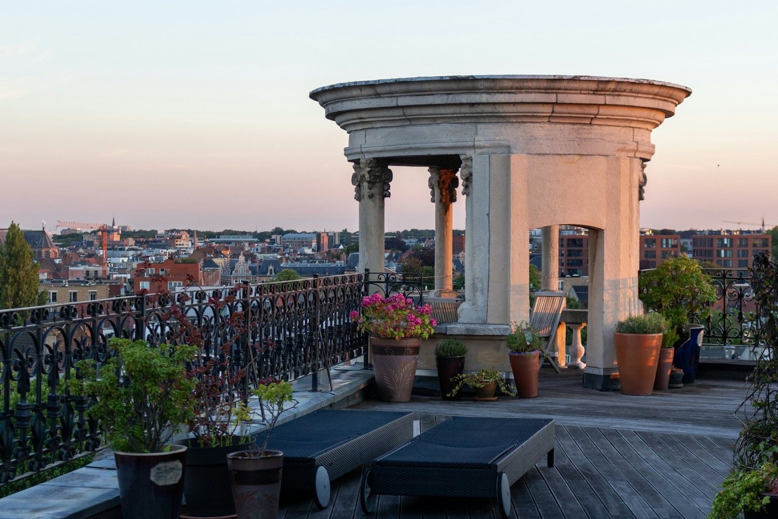 The roof terrace of the Translators' House at sunset