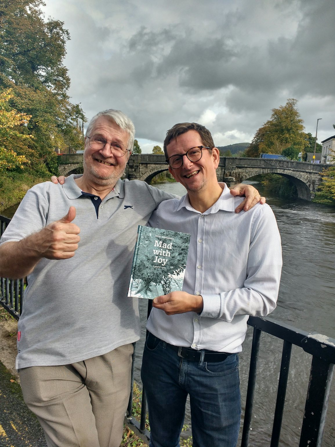 Joris Vermassen and his British publisher Stephen Robson with the English edition of ‘Mad with Joy’ 