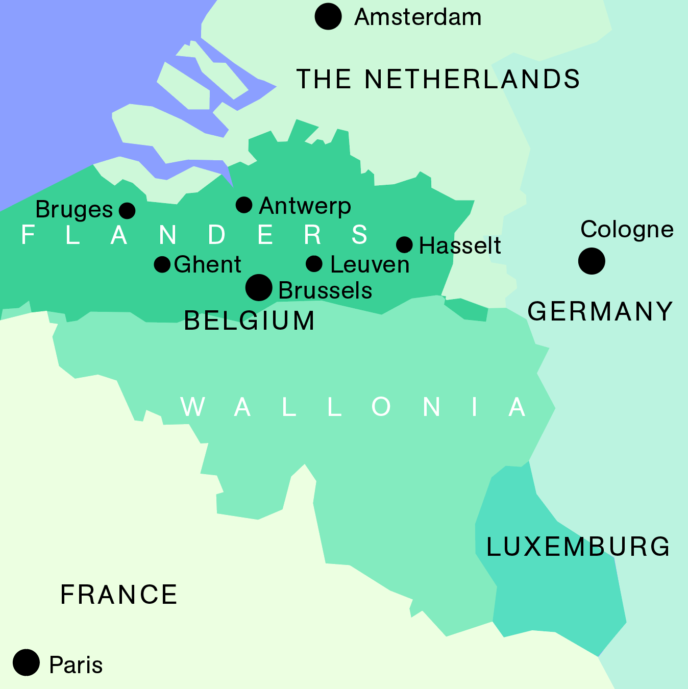 Between Germany in the east, Belgium in the south, and the North Sea in the north and west.