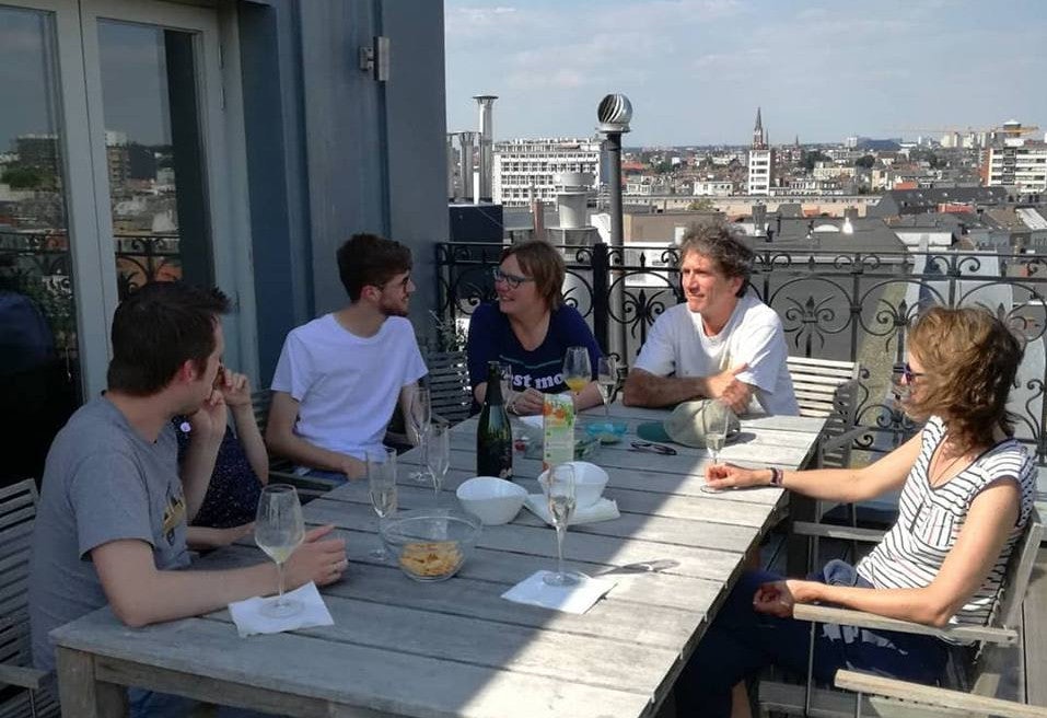 Drinks on the roof terrace with part of the Flanders Literature team